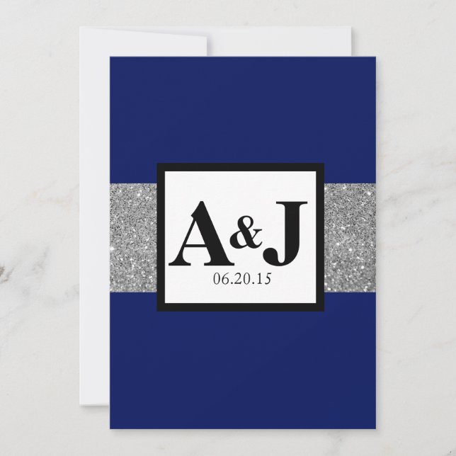 Royal Blue Silver Glitter Monogram Wedding Invite (Front)