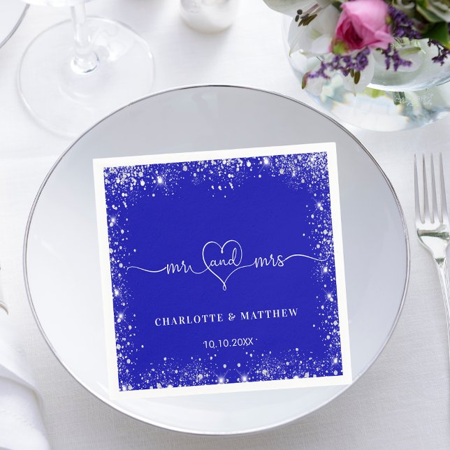 Royal blue silver glitter mr mrs heart wedding napkin (Creator Uploaded)
