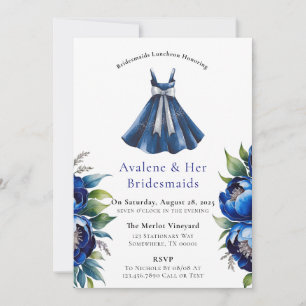 Royal Blue Silver Glitter Peony Bridesmaids Lunch Invitation