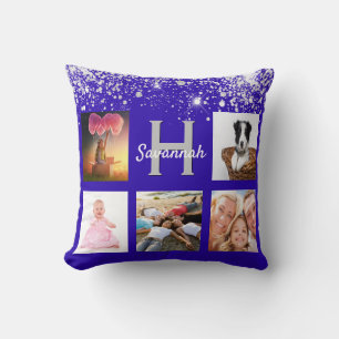 Royal blue silver glitter photo collage name cushion