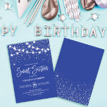 Royal Blue Silver Glitter Sparkles Lights Sweet 16 Invitation<br><div class="desc">This majestic and glamourous sweet sixteen birthday party invitation is perfect for the girly girl. It features glowing hanging light strands on top of faux printed silver sparkly glitter confetti on a royal blue background inspired by stars in the night sky. It's pretty, chic, modern, trendy, and cool; the perfect...</div>
