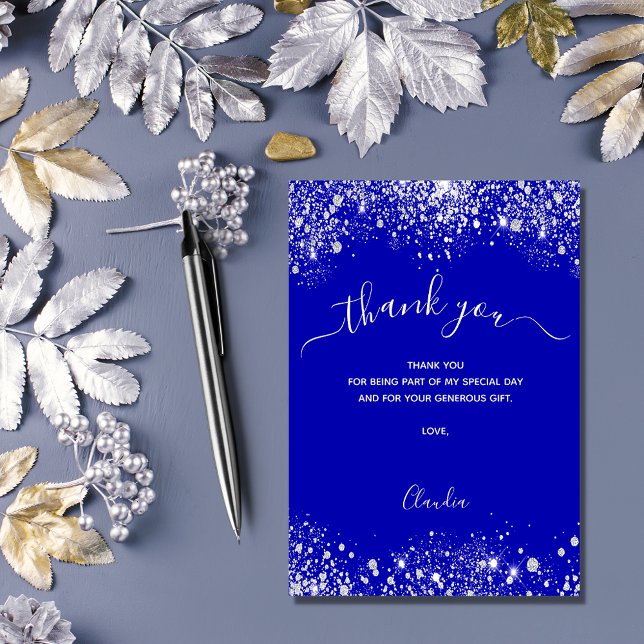 Royal blue silver glitter sparkles script thank you card (Creator Uploaded)