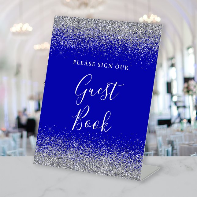 Royal Blue Silver Glitter Wedding Guest Book Pedestal Sign (Creator Uploaded)
