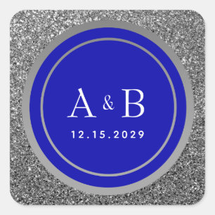 Royal Blue Silver Glitter Wedding Square Sticker