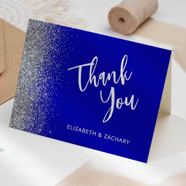 Royal Blue Silver Glitter Wedding Thank You Card (Creator Uploaded)
