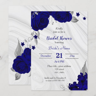 royal blue silver grey floral bridal shower invitation