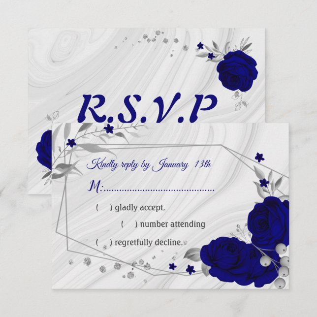 royal blue silver grey floral geometric RSVP card (Front/Back)