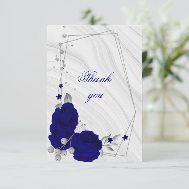 royal blue silver grey floral geometric thank you card (Standing Front)