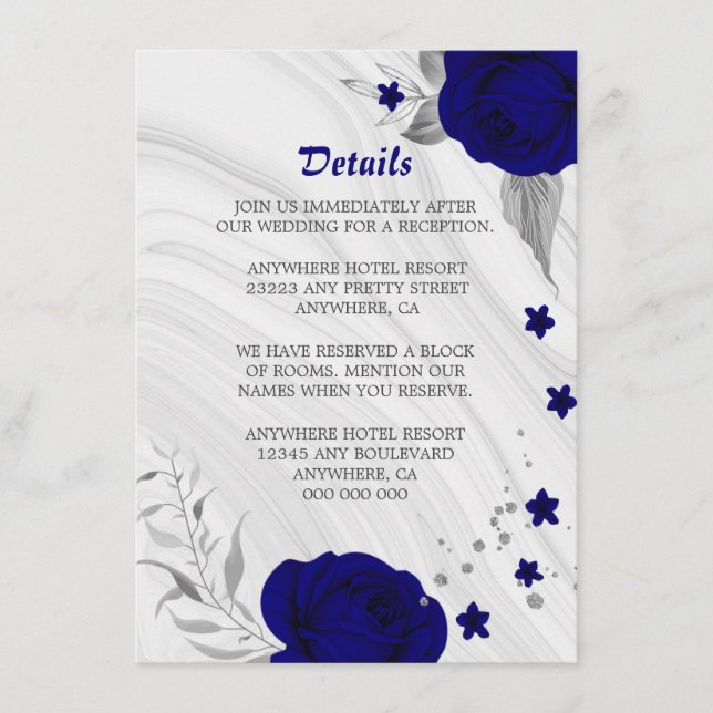 royal blue silver grey floral marble details enclosure card (Front)