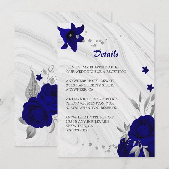 royal blue silver grey floral marble details enclosure card (Front/Back)