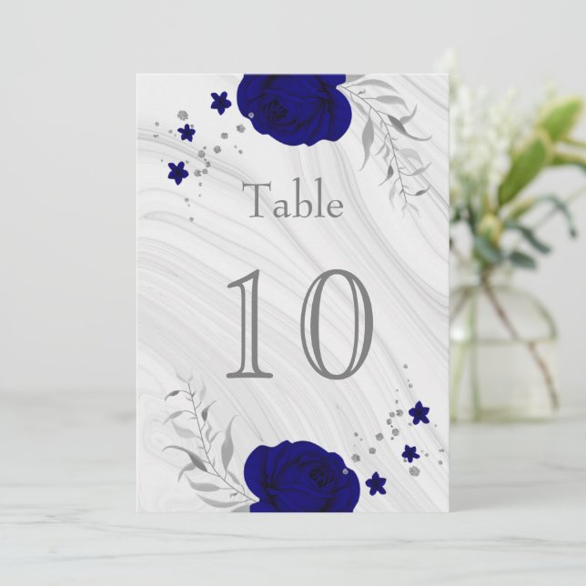 royal blue silver grey floral marble table number (Standing Front)