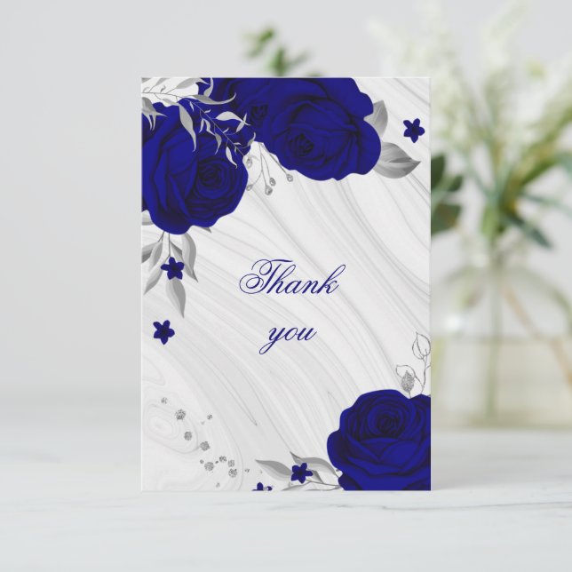 royal blue silver grey floral marble thank you car (Standing Front)