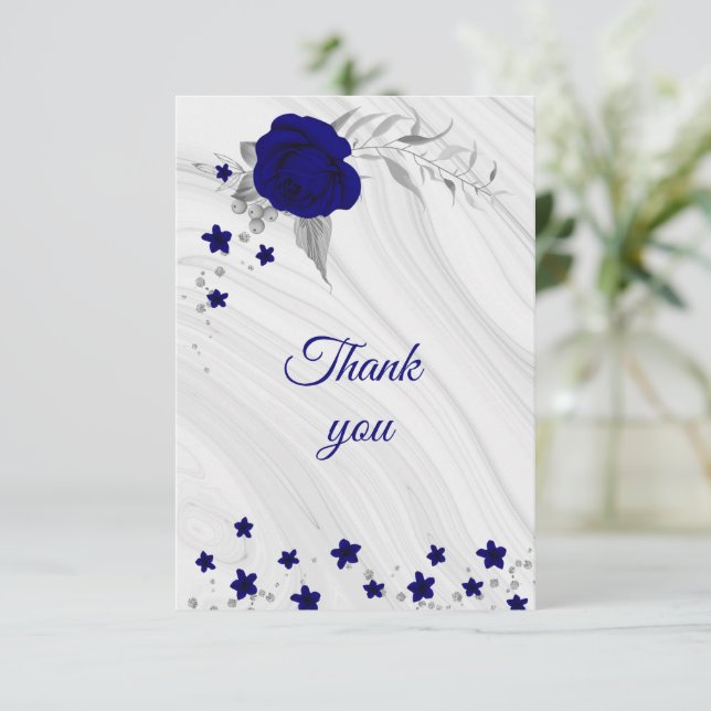 royal blue silver grey floral marble thank you car (Standing Front)