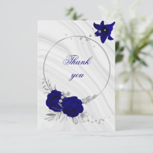 royal blue silver grey floral marble thank you card