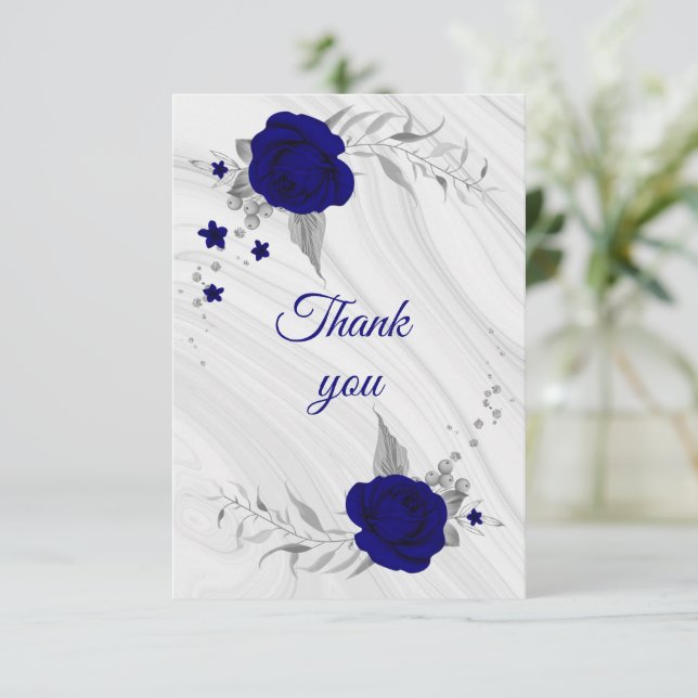 royal blue silver grey floral marble thank you card (Standing Front)