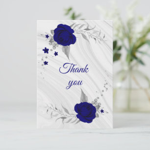 royal blue silver grey floral marble thank you card