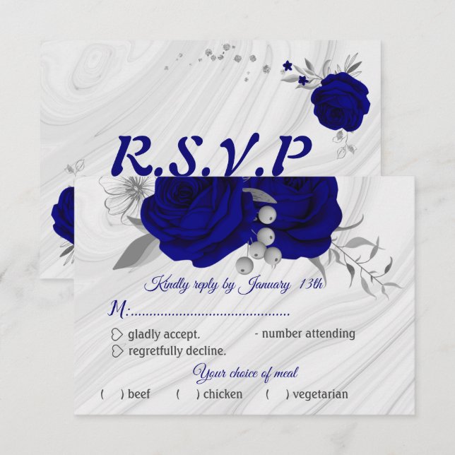 royal blue silver grey floral meal choice RSVP card (Front/Back)