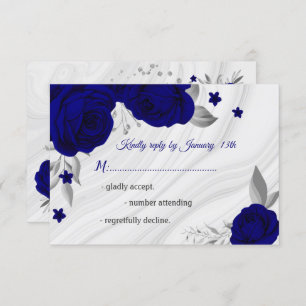royal blue silver grey floral  RSVP card