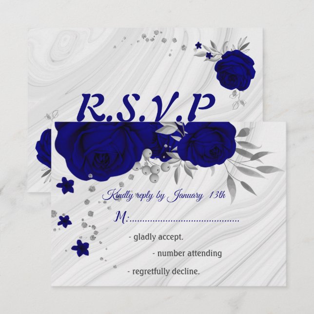 royal blue silver grey floral  RSVP card (Front/Back)