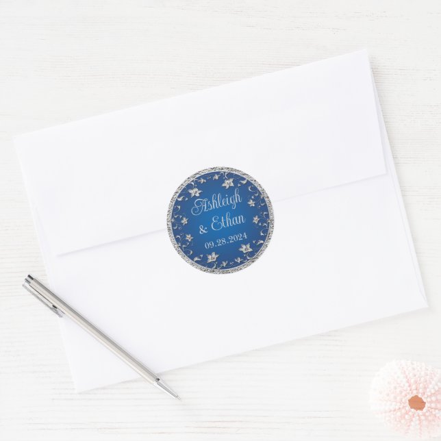 Royal Blue, Silver Grey Floral Wedding Classic Round Sticker (Envelope)