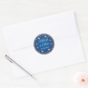 Royal Blue, Silver Grey Floral Wedding Classic Round Sticker