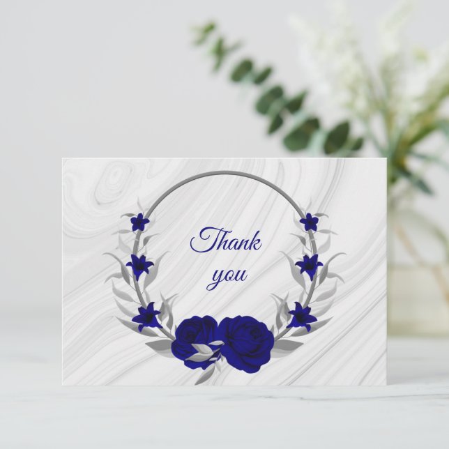 royal blue silver grey floral wreath marble  thank you card (Standing Front)