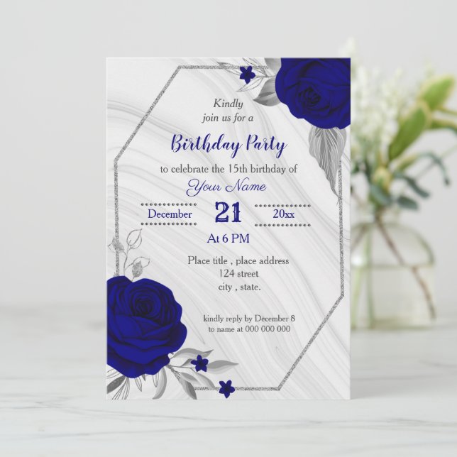 royal blue silver grey geometric birthday party invitation (Standing Front)