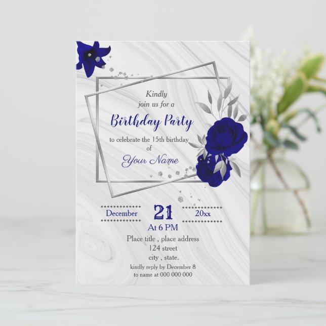 royal blue silver grey geometric birthday party invitation (Standing Front)