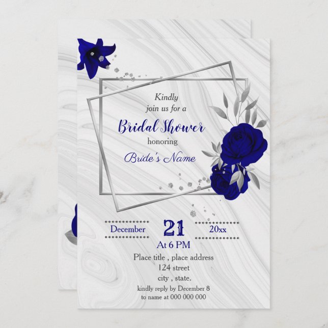 royal blue silver grey geometric bridal shower invitation (Front/Back)