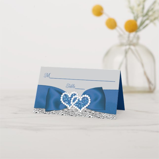 Royal Blue, Silver, Grey Love Hearts Wedding Place Card (Front)