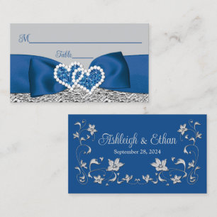 Royal Blue, Silver, Grey Love Hearts Wedding Place Card