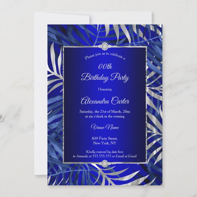 Royal Blue Silver Grey Palm Diamond Birthday Party Invitation (Front)