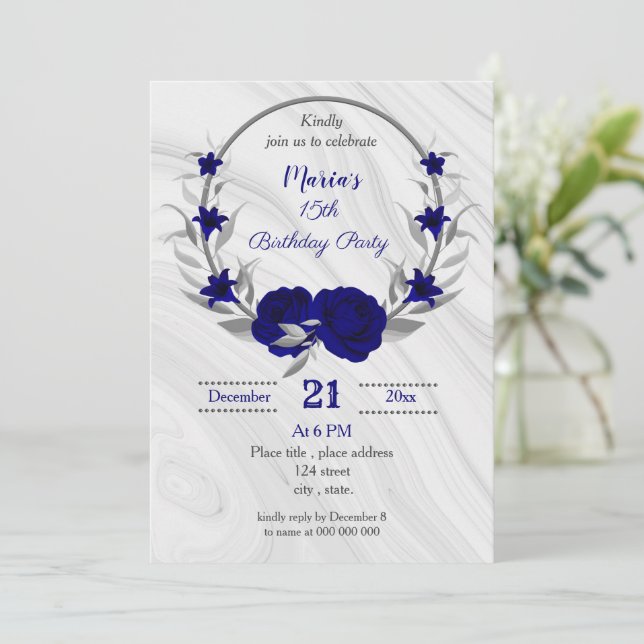 royal blue silver grey wreath birthday party invitation (Standing Front)