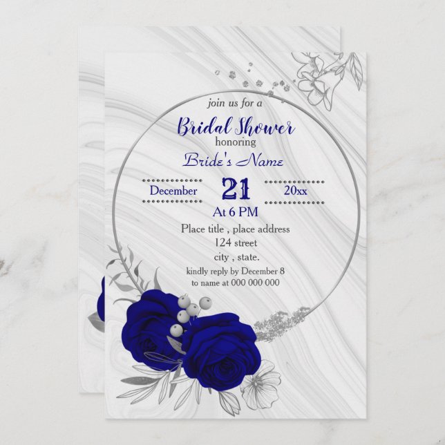royal blue silver grey wreath bridal shower  invitation (Front/Back)