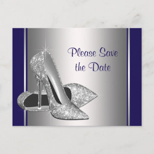 Royal Blue Silver High Heel Shoe Save The Date Announcement Postcard