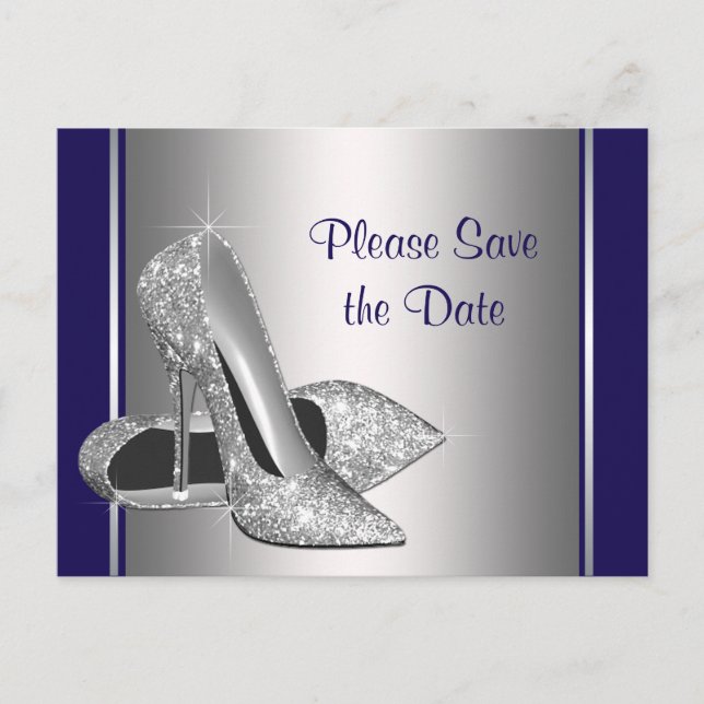 Royal Blue Silver High Heel Shoe Save The Date Announcement Postcard (Front)