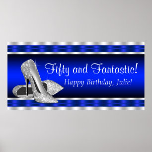 Royal Blue Silver High Heels Birthday Party Banner Poster