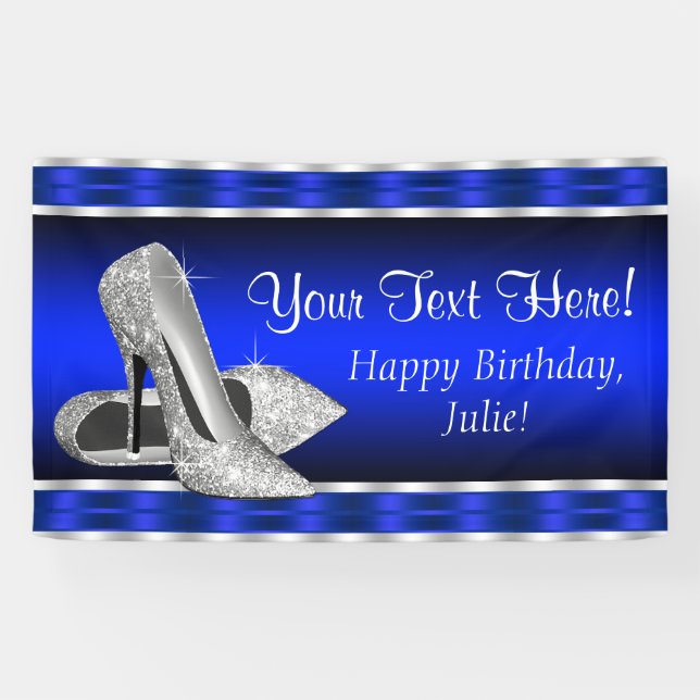 Royal Blue Silver High Heels Shoes Birthday Party Banner (Horizontal)