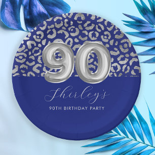 Royal Blue Silver Leopard Print 90th Birthday Paper Plate