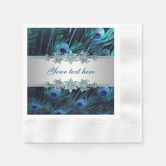 Royal Blue Silver Peacock Napkin (Front)