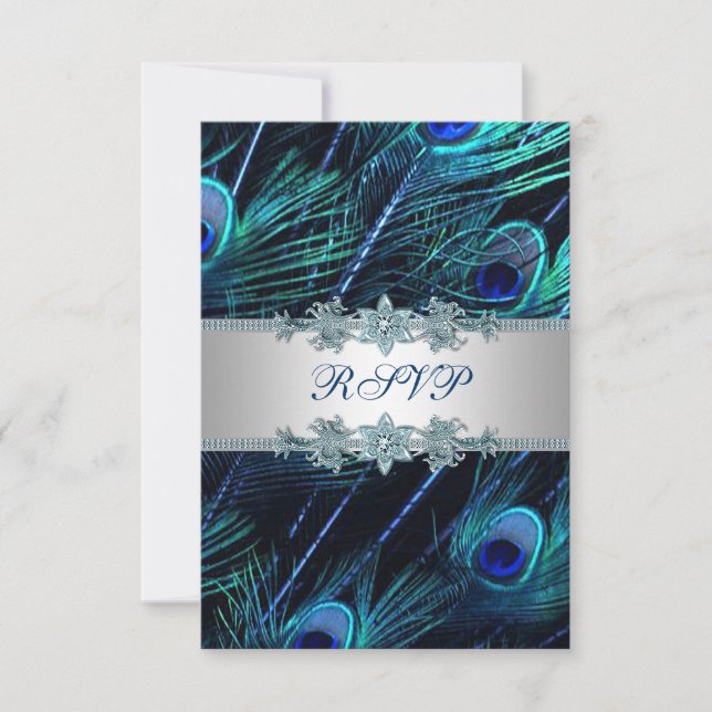 Royal Blue Silver Peacock Wedding RSVP (Front)
