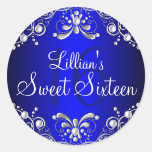 Royal Blue Silver Pearl Damask Sweet 16 Sticker