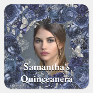 Royal blue silver PHOTO butterfly rose frame Square Sticker