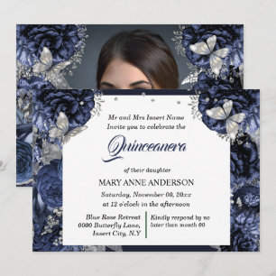 Royal blue silver PHOTO glitter butterfly elegant Invitation