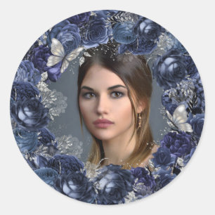 Royal blue silver photo glitter butterfly girls classic round sticker