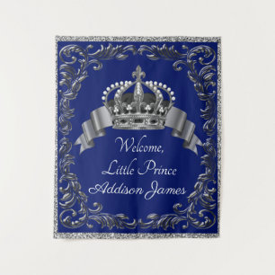 Royal Blue Silver Prince Baby Shower Backdrop Tapestry