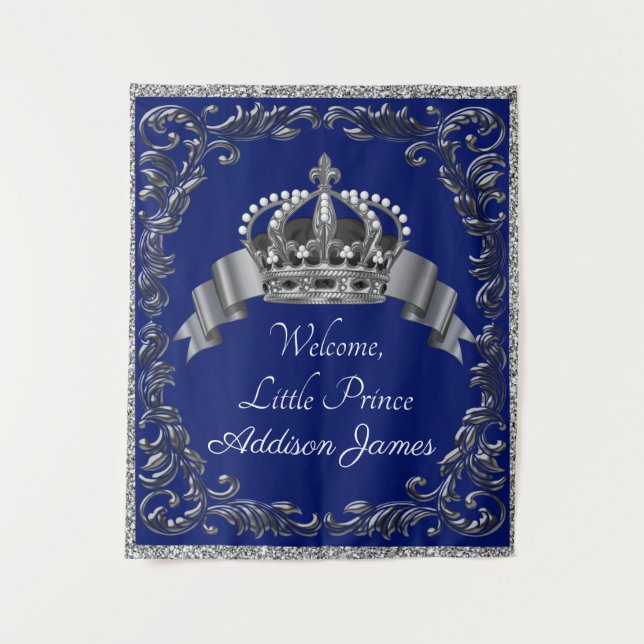 Royal Blue Silver Prince Baby Shower Backdrop Tapestry (Front)