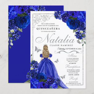 Royal Blue Silver Princess Butterflies Quinceañera Invitation