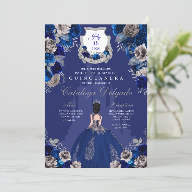 Royal Blue & Silver Princess Castle Quinceañera Invitation (Standing Front)