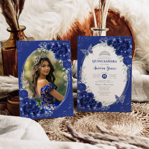 Royal Blue Silver Quinceañera 15th Birthday Photo Invitation